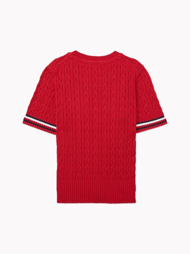 Női Tommy Hilfiger Stripe Cable Knit Pulóverek Piros | HU 368OKI